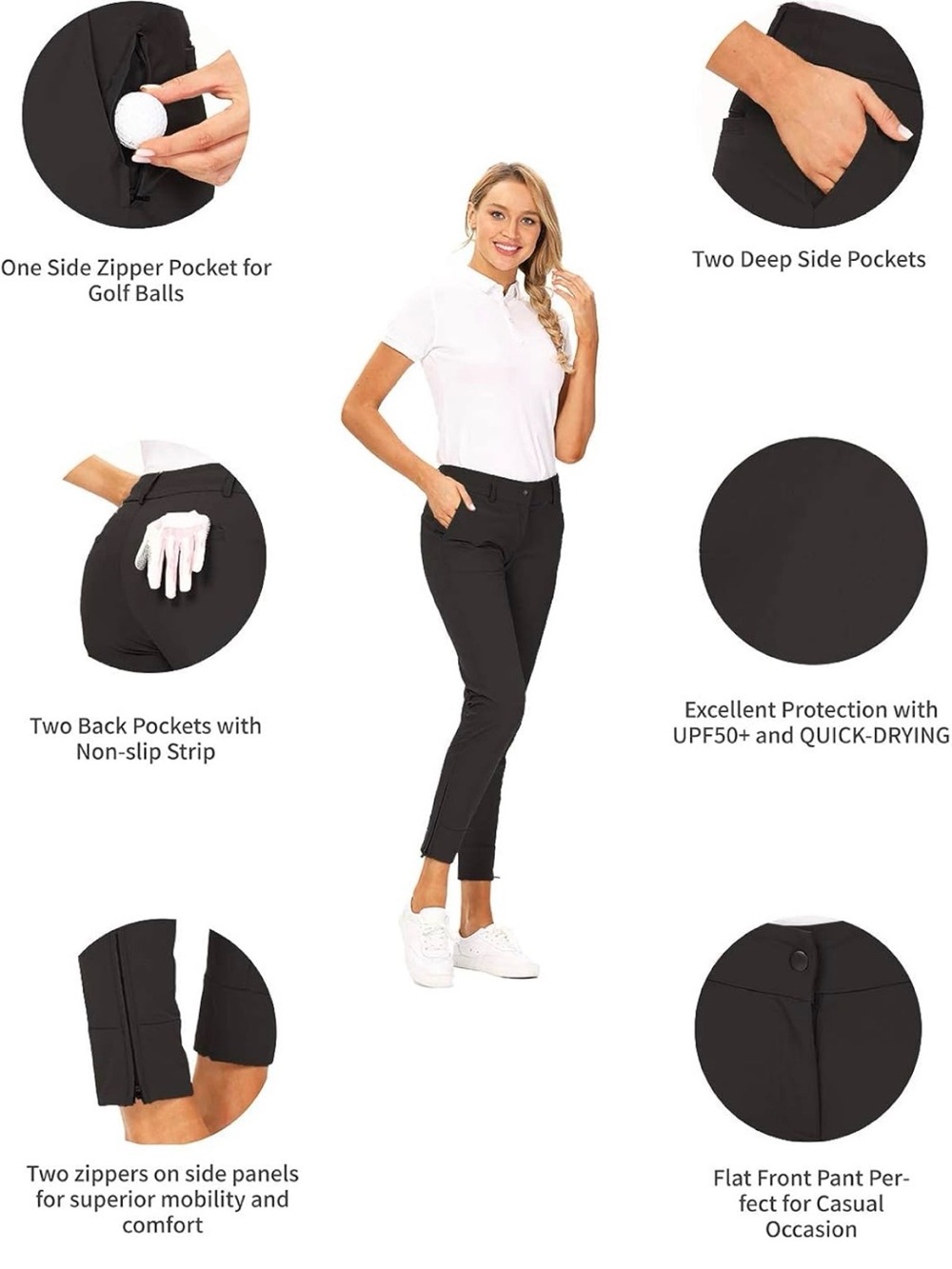Women's Black Performance Ankle Pants - Stretch, UPF50+